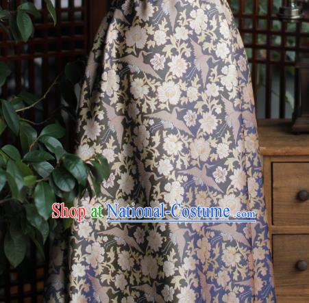 Chinese Blue Satin Cloth Traditional Cheongsam Jacquard Drapery Silk Fabric Classical Crane Peony Pattern Brocade