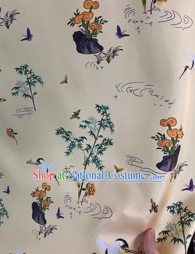 Chinese Traditional Tang Suit Drapery Beige Silk Fabric Classical Cranes Pattern Brocade Cloth Tapestry Material