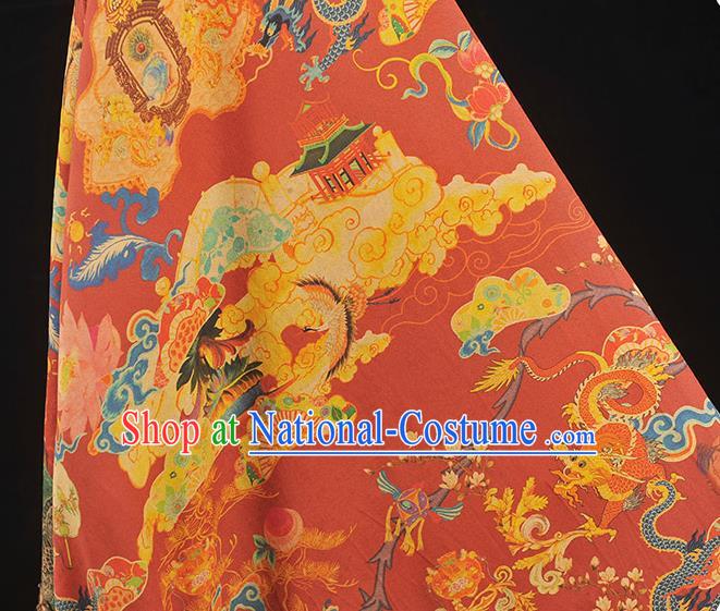 Chinese Traditional Dragon Lotus Pattern Dress Fabric Cheongsam Silk Cloth Red Gambiered Guangdong Gauze