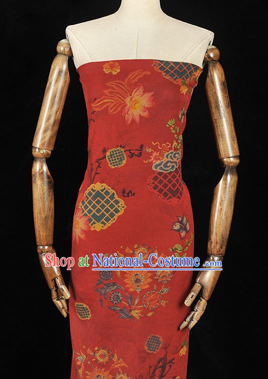 Chinese Traditional Lotus Flowers Pattern Dress Fabric Cheongsam Silk Cloth Red Gambiered Guangdong Gauze