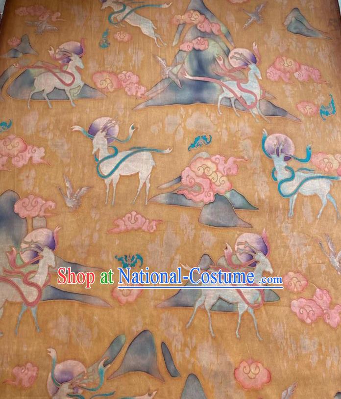 Chinese Yellow Silk Fabric Classical Brocade Cloth Hand Painting Nine Color Deer Gambiered Guangdong Gauze Traditional Cheongsam Drapery