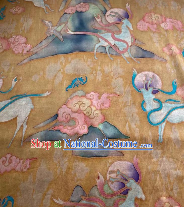 Chinese Yellow Silk Fabric Classical Brocade Cloth Han Painting Nine Color Deer Gambiered Guangdong Gauze Traditional Cheongsam Drapery