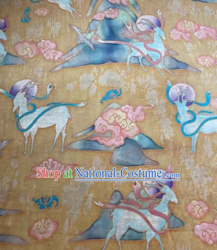 Chinese Yellow Silk Fabric Classical Brocade Cloth Han Painting Nine Color Deer Gambiered Guangdong Gauze Traditional Cheongsam Drapery