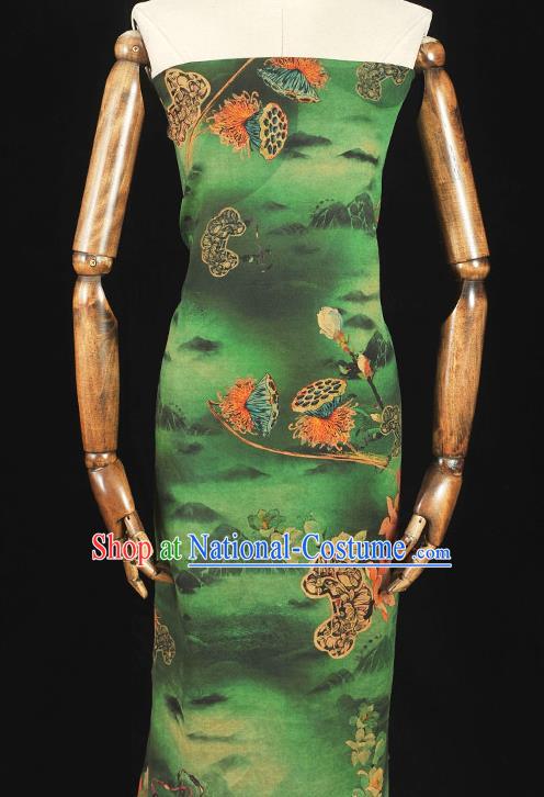 Chinese Traditional Lotus Seedpod Pattern Dress Fabric Cheongsam Silk Cloth Green Gambiered Guangdong Gauze