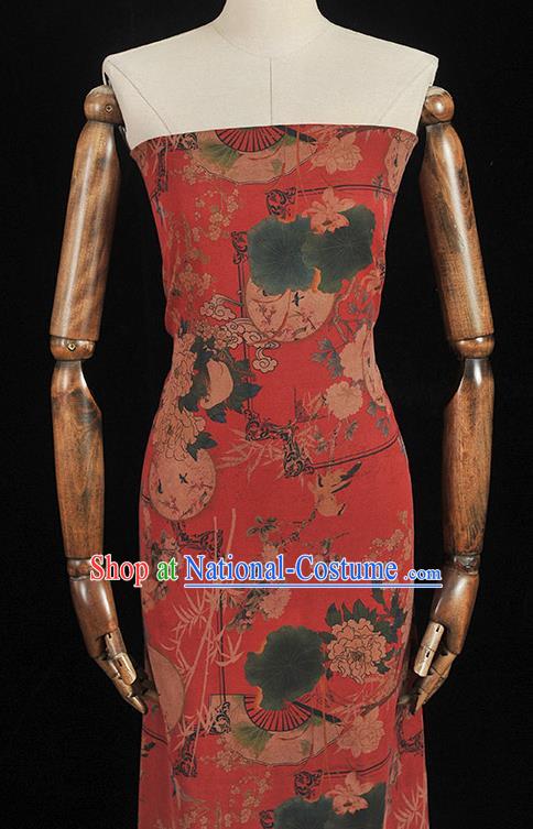 Chinese Traditional Peony Fan Pattern Dress Fabric Cheongsam Silk Cloth Top Quality Red Gambiered Guangdong Gauze