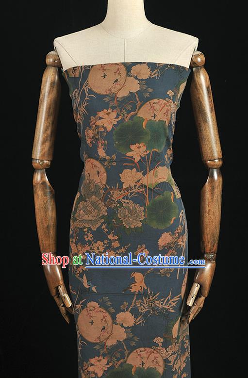 Chinese Cheongsam Silk Cloth Top Blue Gambiered Guangdong Gauze Traditional Peony Fan Pattern Dress Fabric