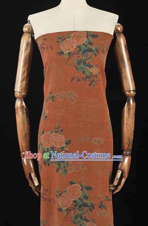 Top Chinese Cheongsam Silk Fabric Rust Red Gambiered Guangdong Gauze Traditional Roses Pattern Dress Cloth