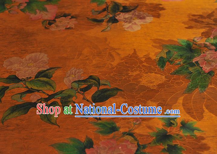 Top Chinese Cheongsam Silk Fabric Classical Hibiscus Pattern Orange Gambiered Guangdong Gauze Traditional Jacquard Satin Cloth