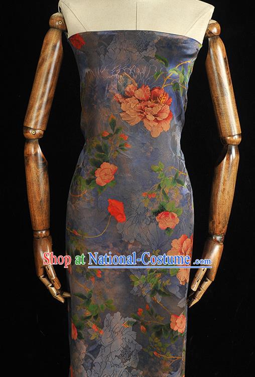 Top Chinese Traditional Jacquard Satin Cloth Cheongsam Silk Fabric Classical Peony Pattern Blue Gambiered Guangdong Gauze