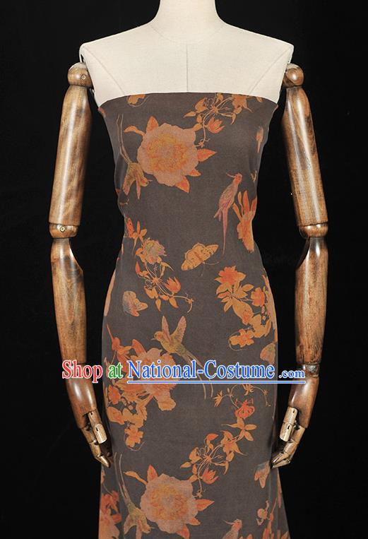 Chinese Cheongsam Silk Fabric Top Grey Gambiered Guangdong Gauze Traditional Flowers Pattern Dress Cloth