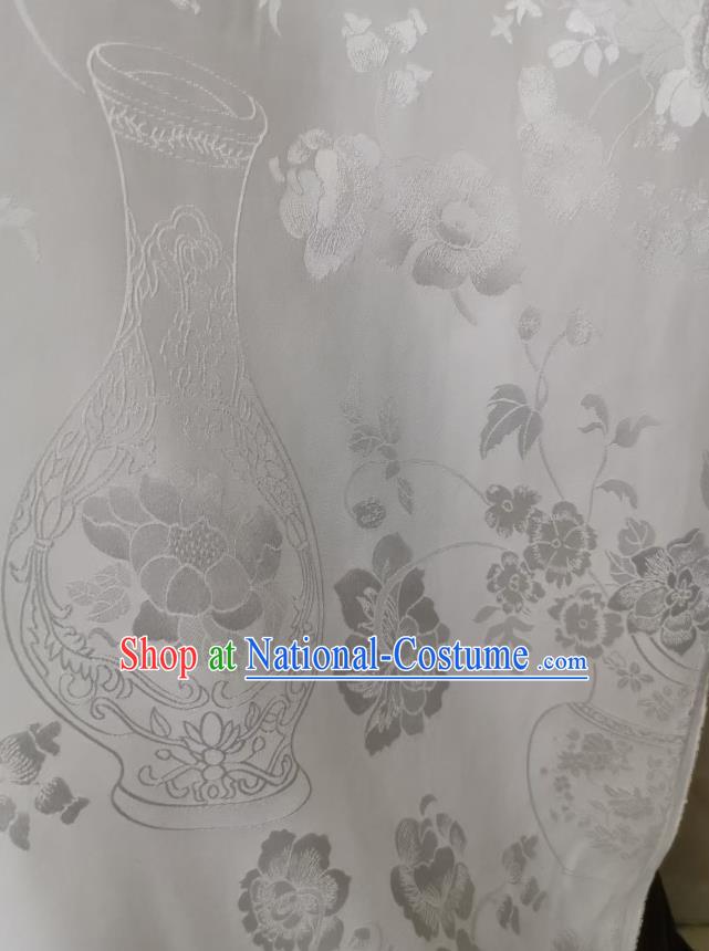 Top Chinese Cheongsam White Silk Fabric Classical Jacquard Satin Cloth Traditional Flowers Vase Pattern Brocade Drapery