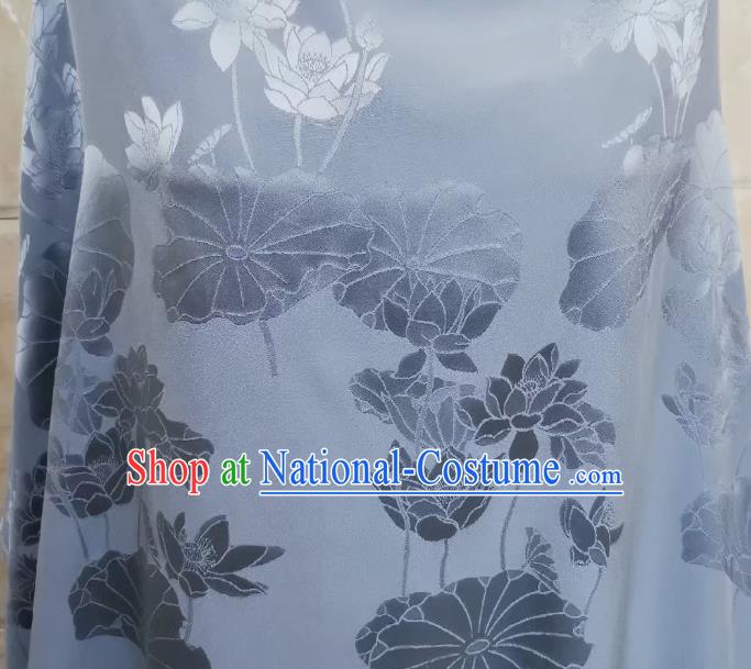 Chinese Traditional Jacquard Brocade Drapery Cheongsam Blue Silk Fabric Classical Lotus Pattern Satin Cloth