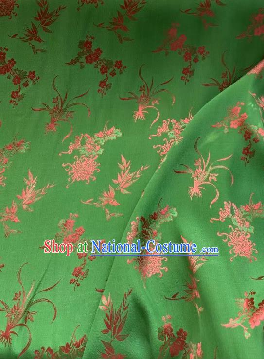 Chinese Green Tapestry Material Traditional Qipao Dress Drapery Silk Fabric Classical Plum Orchids Bamboo Chrysanthemum Pattern Brocade Cloth