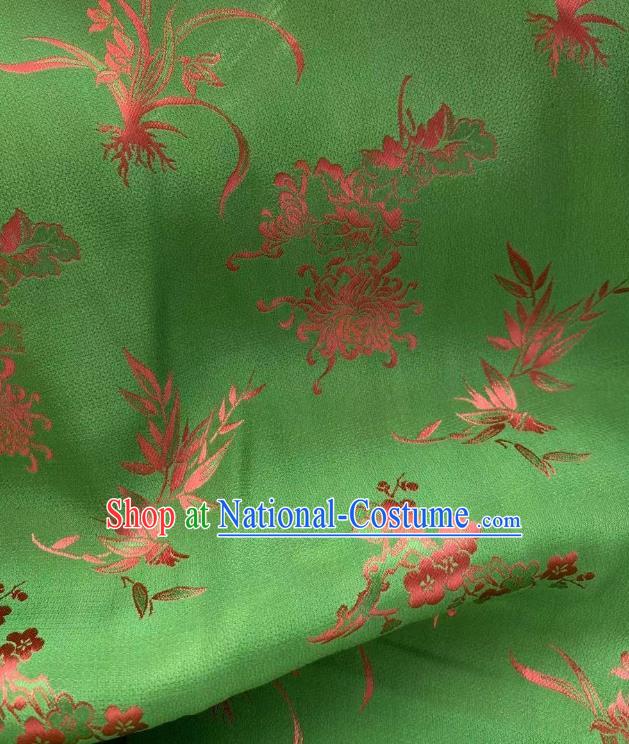 Chinese Green Tapestry Material Traditional Qipao Dress Drapery Silk Fabric Classical Plum Orchids Bamboo Chrysanthemum Pattern Brocade Cloth