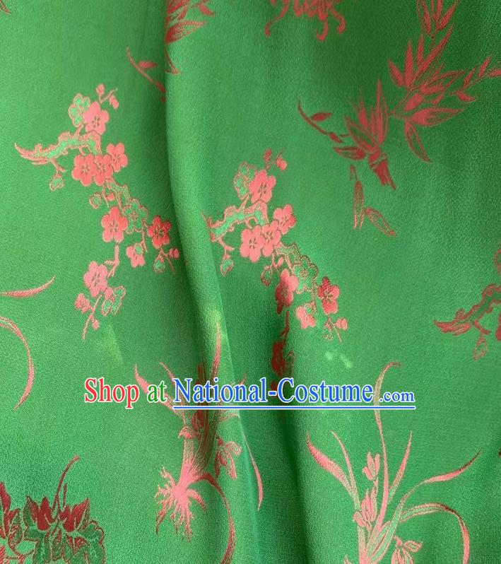 Chinese Green Tapestry Material Traditional Qipao Dress Drapery Silk Fabric Classical Plum Orchids Bamboo Chrysanthemum Pattern Brocade Cloth