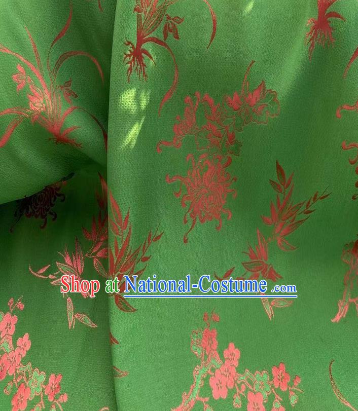 Chinese Green Tapestry Material Traditional Qipao Dress Drapery Silk Fabric Classical Plum Orchids Bamboo Chrysanthemum Pattern Brocade Cloth