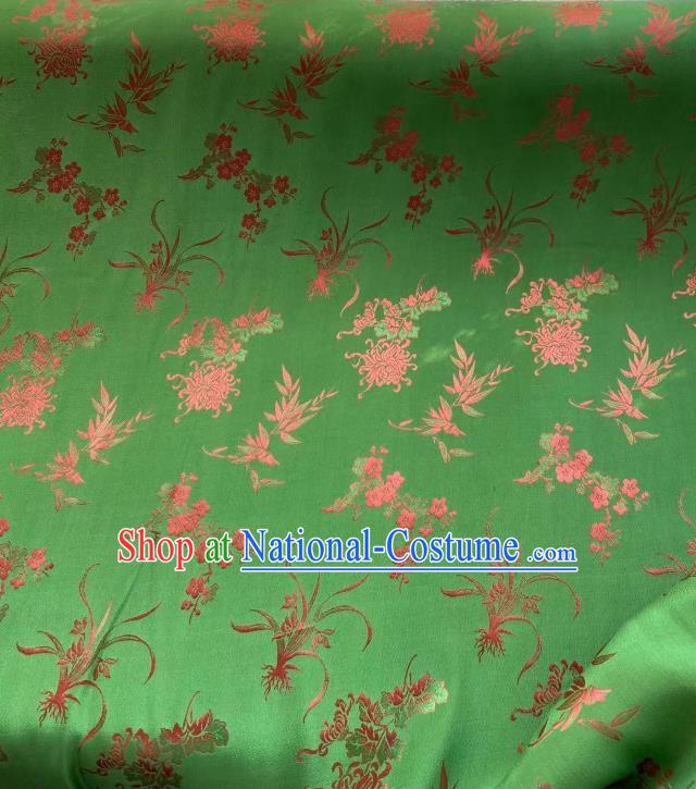 Chinese Green Tapestry Material Traditional Qipao Dress Drapery Silk Fabric Classical Plum Orchids Bamboo Chrysanthemum Pattern Brocade Cloth