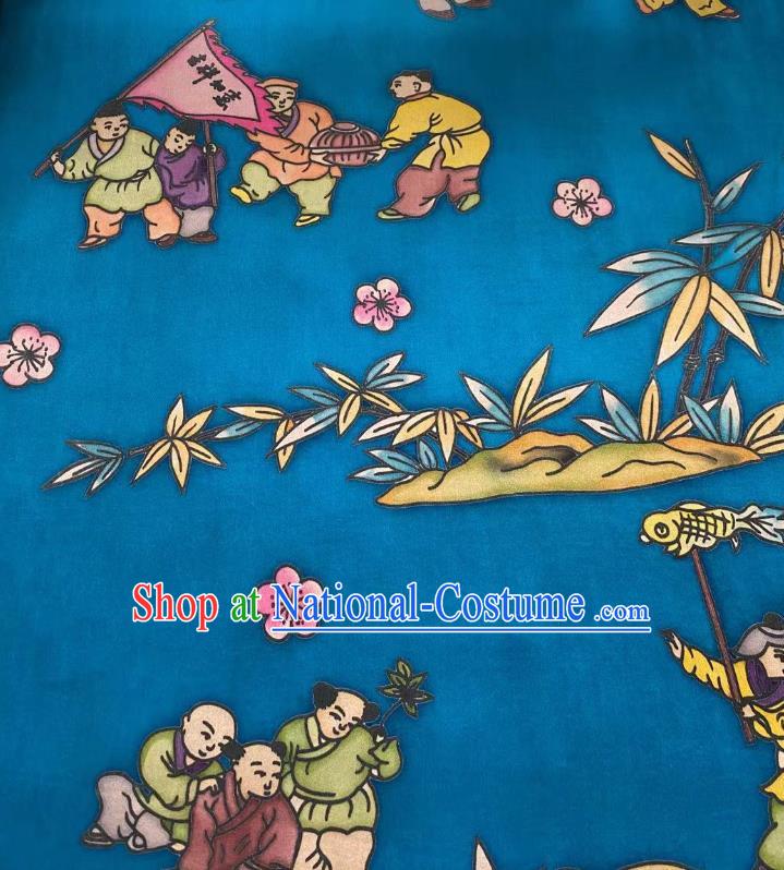 Chinese Blue Gambiered Guangdong Gauze Material Traditional Qipao Dress Hand Painting Drapery Silk Fabric Classical Boys Pattern Brocade Cloth