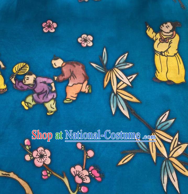 Chinese Blue Gambiered Guangdong Gauze Material Traditional Qipao Dress Hand Painting Drapery Silk Fabric Classical Boys Pattern Brocade Cloth