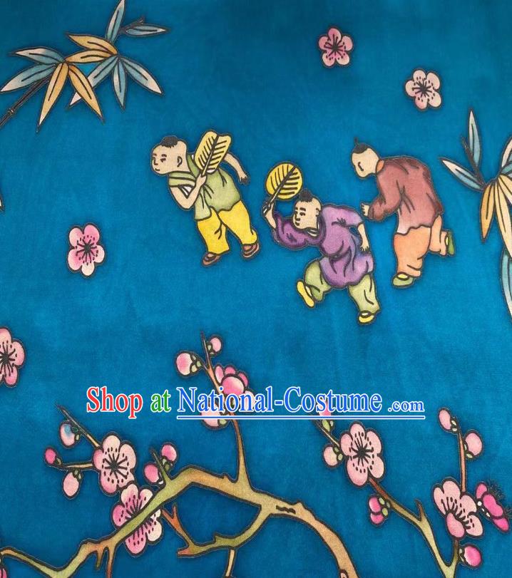 Chinese Blue Gambiered Guangdong Gauze Material Traditional Qipao Dress Hand Painting Drapery Silk Fabric Classical Boys Pattern Brocade Cloth