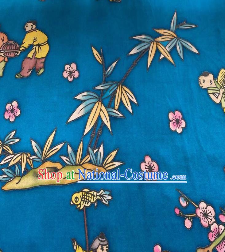 Chinese Blue Gambiered Guangdong Gauze Material Traditional Qipao Dress Hand Painting Drapery Silk Fabric Classical Boys Pattern Brocade Cloth