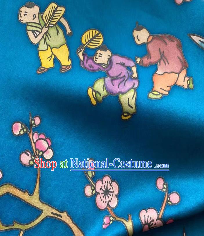 Chinese Blue Gambiered Guangdong Gauze Material Traditional Qipao Dress Hand Painting Drapery Silk Fabric Classical Boys Pattern Brocade Cloth