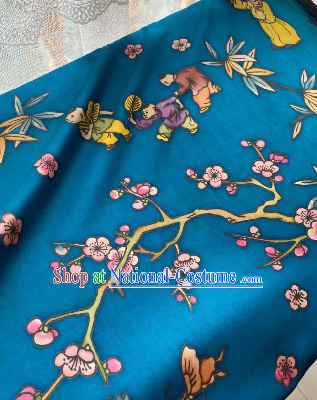 Chinese Blue Gambiered Guangdong Gauze Material Traditional Qipao Dress Hand Painting Drapery Silk Fabric Classical Boys Pattern Brocade Cloth