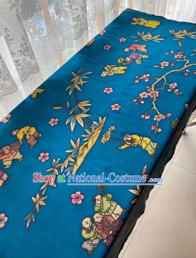 Chinese Blue Gambiered Guangdong Gauze Material Traditional Qipao Dress Hand Painting Drapery Silk Fabric Classical Boys Pattern Brocade Cloth