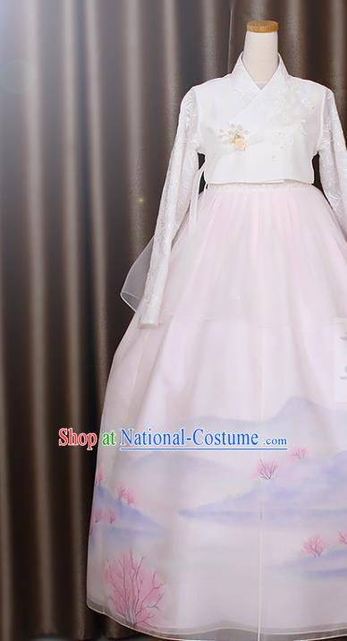 Asian Korea Traditional Fashion Garments Korean Court Princess Hanbok Clothing Bride White Blouse and Printing Dress