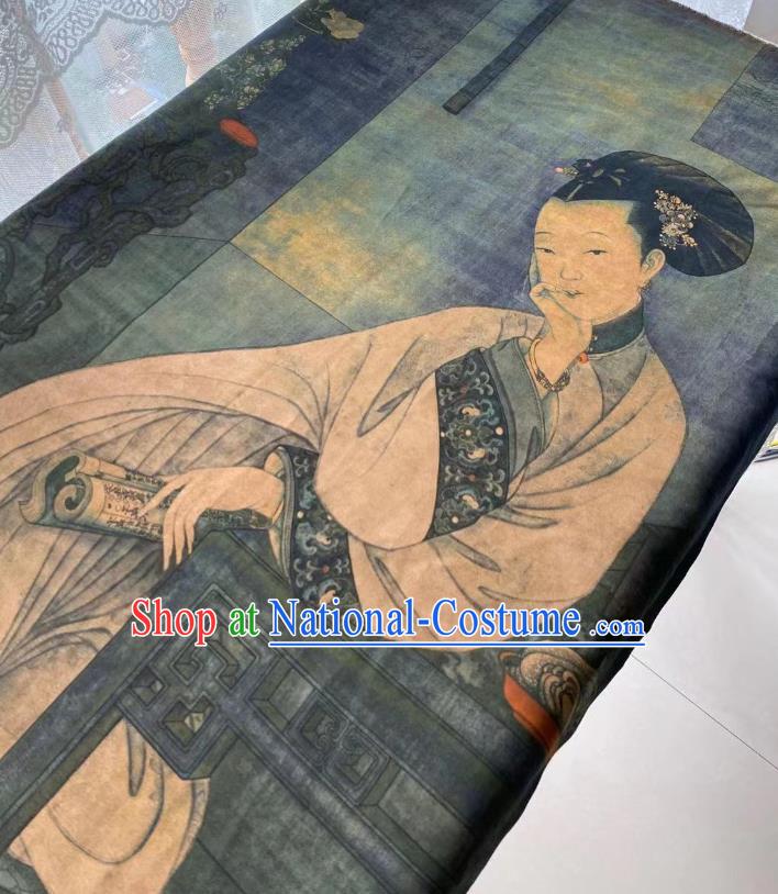 Chinese Silk Fabric Classical Palace Beauty Pattern Brocade Cloth Grey Gambiered Guangdong Gauze Material Traditional Qipao Dress Drapery