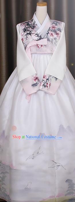 Asian Korean Court Princess Hanbok Clothing Korea Bride Printing Pink Blouse and White Dress Traditional Fashion Garments