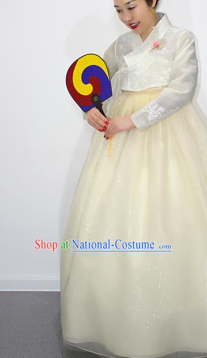 Asian Korea Bride Mother White Blouse and Yellow Dress Korean Traditional Fashion Garments Court Dance Hanbok Clothing