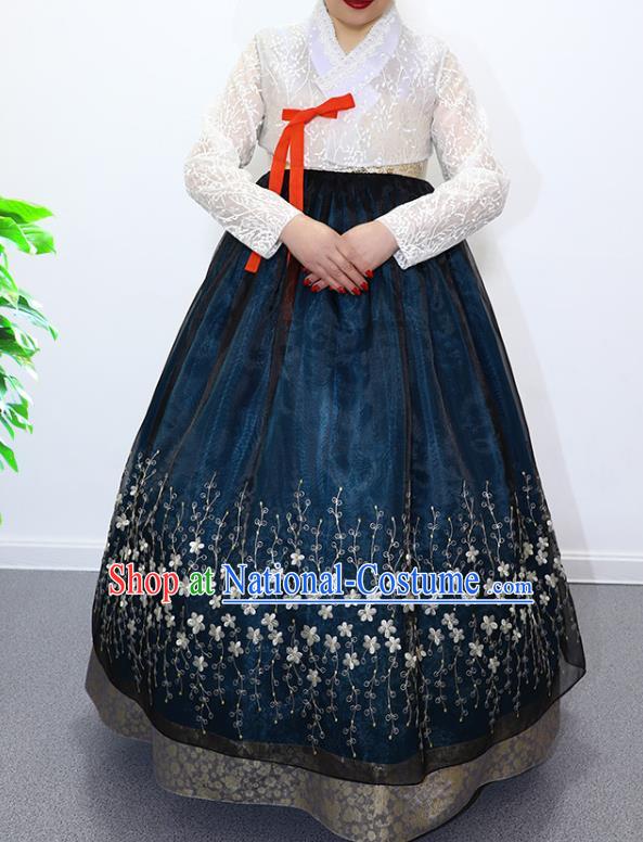 Asian Korea Traditional Fashion Garments Court Dance Hanbok Clothing Korean Bride Mother White Blouse and Navy Dress