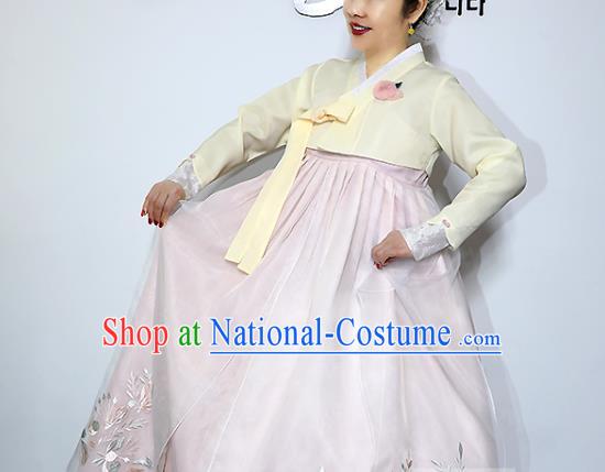 Korean Bride Mother Yellow Blouse and Pink Dress Asian Korea Traditional Fashion Garments Court Dance Hanbok Clothing