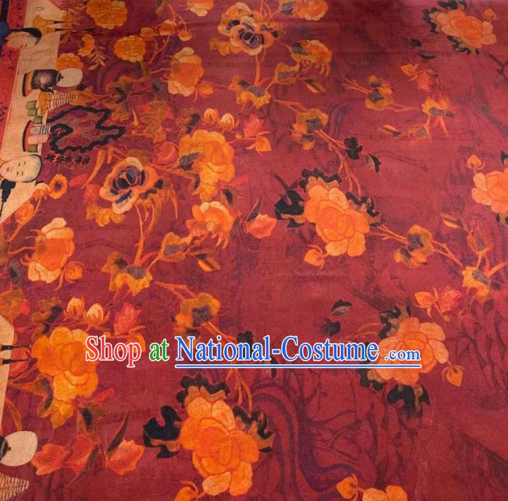 Chinese Classical Qing Dynasty Pattern Brocade Cloth Wine Red Gambiered Guangdong Gauze Material Traditional Qipao Dress Drapery Silk Fabric