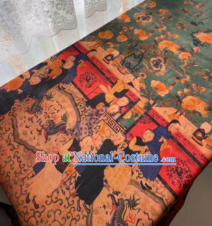 Chinese Silk Fabric Classical Qing Dynasty Pattern Brocade Cloth Green Gambiered Guangdong Gauze Material Traditional Qipao Dress Drapery