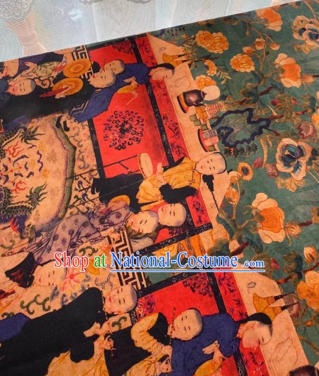 Chinese Silk Fabric Classical Qing Dynasty Pattern Brocade Cloth Green Gambiered Guangdong Gauze Material Traditional Qipao Dress Drapery