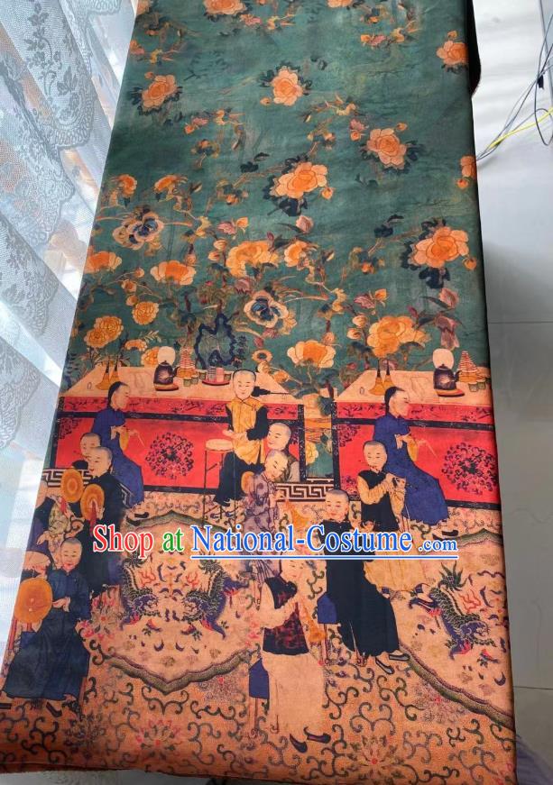 Chinese Silk Fabric Classical Qing Dynasty Pattern Brocade Cloth Green Gambiered Guangdong Gauze Material Traditional Qipao Dress Drapery