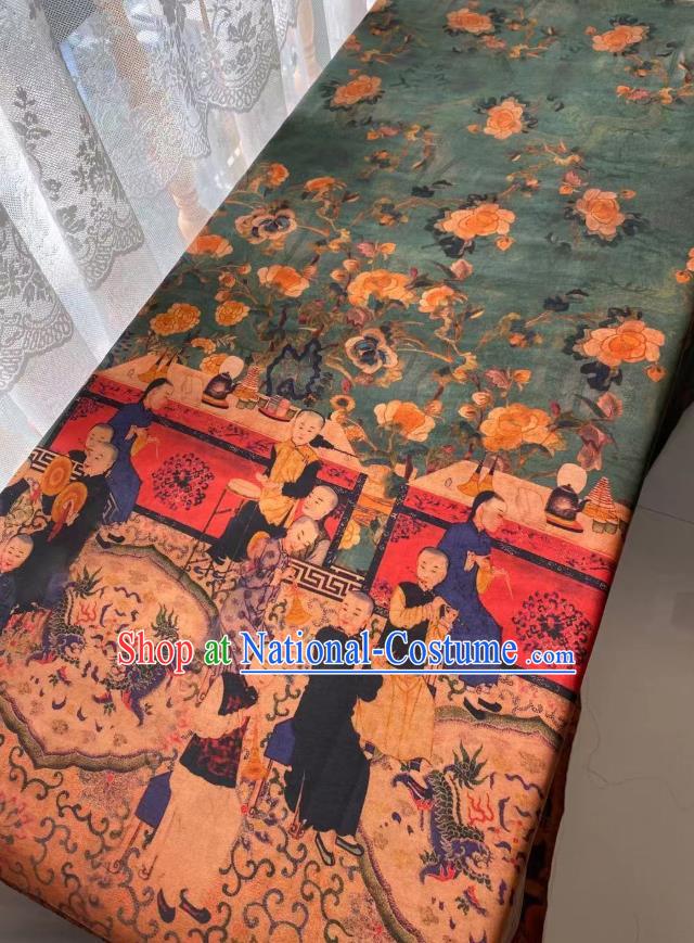 Chinese Silk Fabric Classical Qing Dynasty Pattern Brocade Cloth Green Gambiered Guangdong Gauze Material Traditional Qipao Dress Drapery