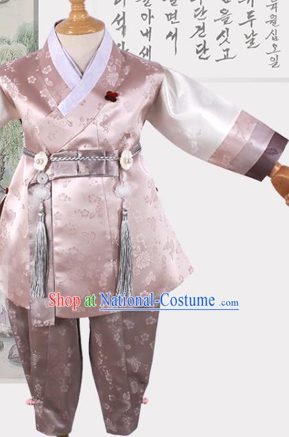 Korean Boys Hanbok Clothing Young Prince Pink Shirt and Brown Pants Asian Korea Traditional Fashion Garments