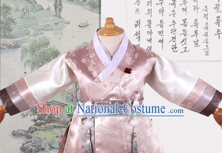 Korean Boys Hanbok Clothing Young Prince Pink Shirt and Brown Pants Asian Korea Traditional Fashion Garments