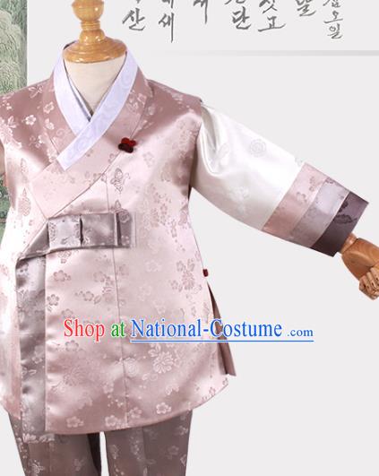 Korean Boys Hanbok Clothing Young Prince Pink Shirt and Brown Pants Asian Korea Traditional Fashion Garments