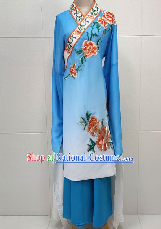 Chinese Beijing Opera Young Woman Water Sleeve Clothing Traditional Shaoxing Opera Hua Tan Blue Dress Garments