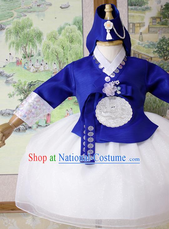 Traditional Korean Court Fashion Apparels Baby Princess Hanbok Clothing Children Girl Royalblue Blouse and White Dress and Headwear