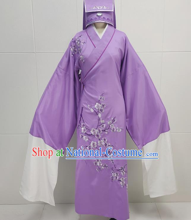 China Peking Opera Scholar Purple Robe Garments Traditional Shaoxing Opera Xiaosheng Clothing and Headwear