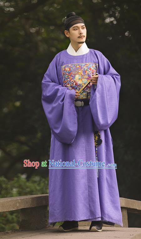 China Traditional Ming Dynasty Historical Clothing Ancient Scholar Hanfu Garment Embroidered Purple Official Robe for Men