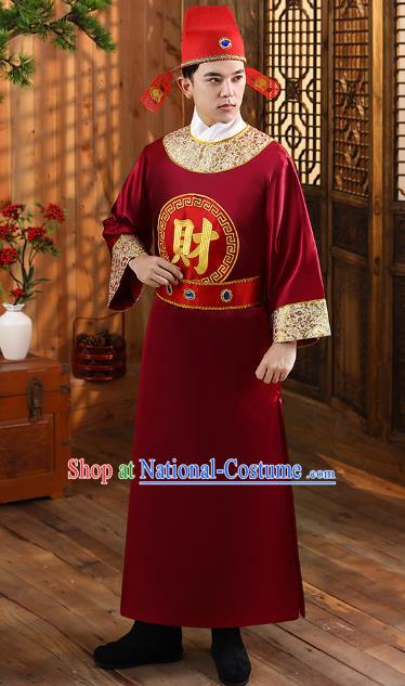 Chinese Ancient God of Wealth Clothing Traditional Cosplay Garment Wine Red Official Robe and Hat