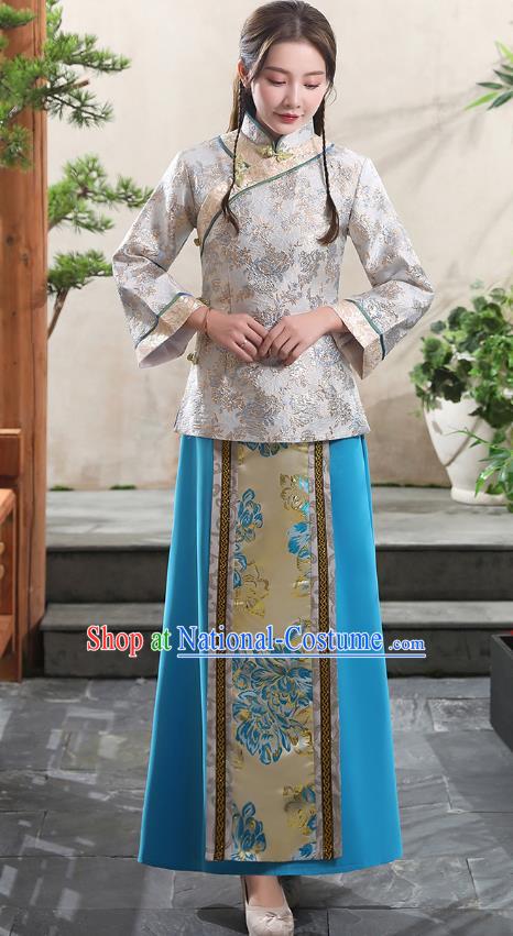 Republic of China Traditional Tang Suit Argent Blouse and Blue Skirt Young Woman Clothing