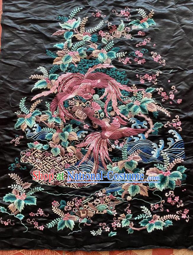 Chinese Hand Embroidery Craft Traditional Embroidered Phoenix Black Silk Cloth