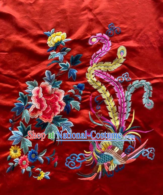 Chinese Traditional Embroidered Phoenix Peony Red Silk Cloth Hand Embroidery Craft